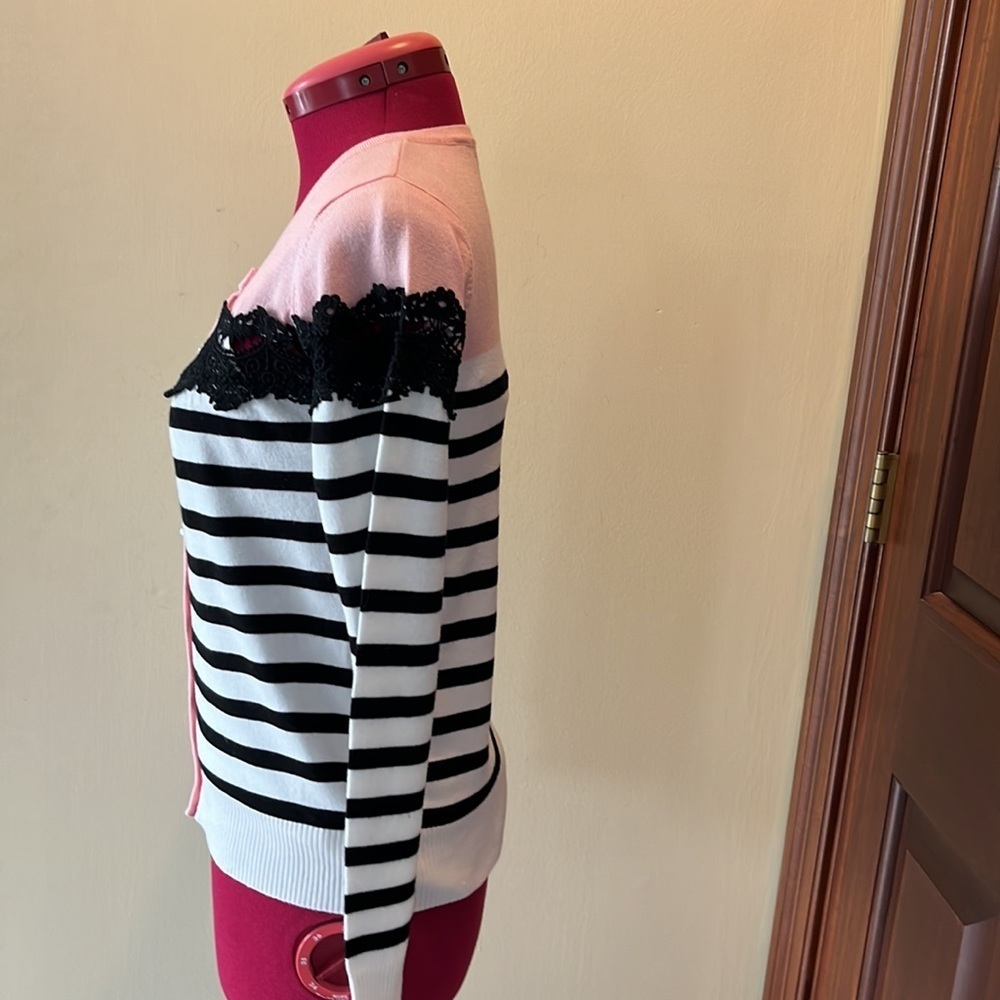 Gran Oriente NWOT French design stripe sweater cardigan size S Pink black ivory - Picture 3 of 7